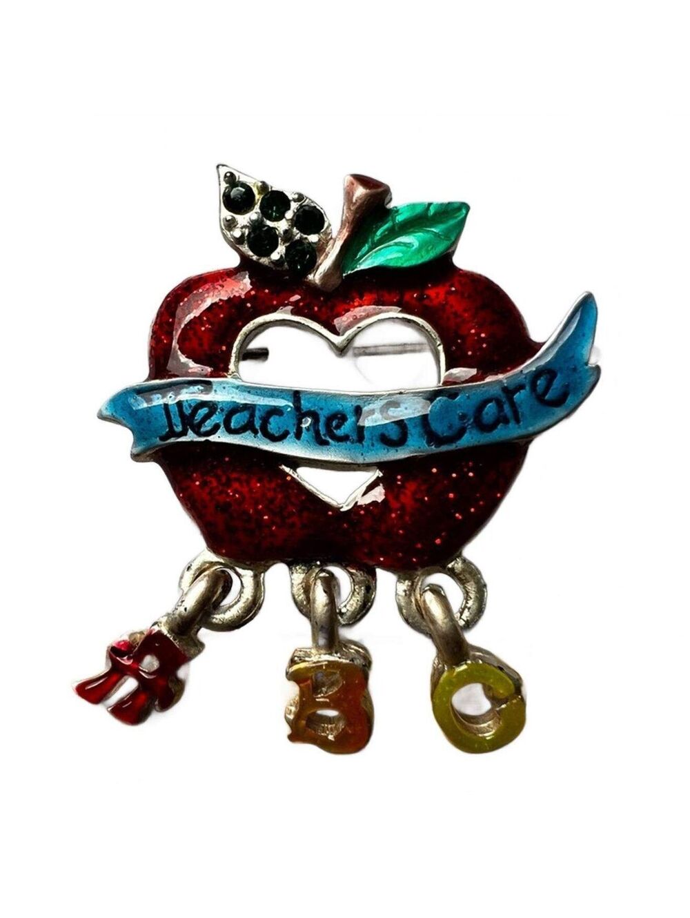Teachers Care Apple Brooch Pin ABC dangle 1 inch